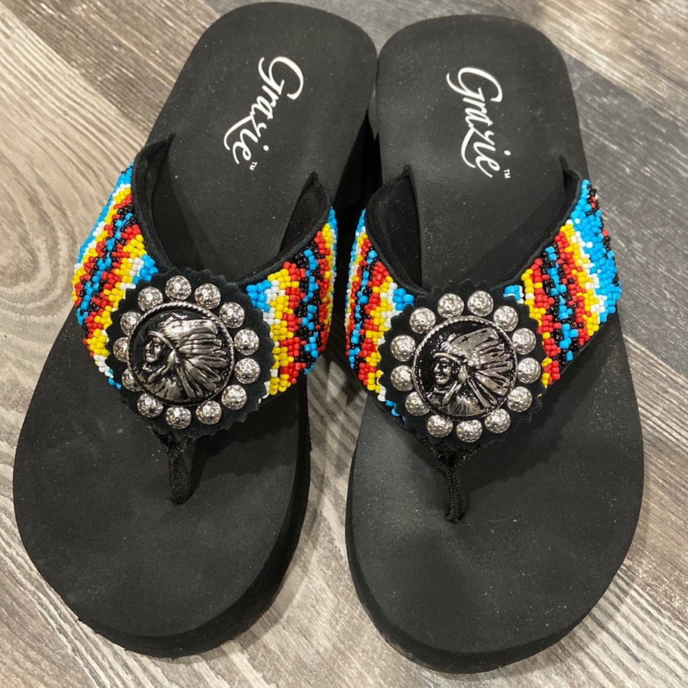 Grazie Southwest Beaded Wedge Flip Flops
